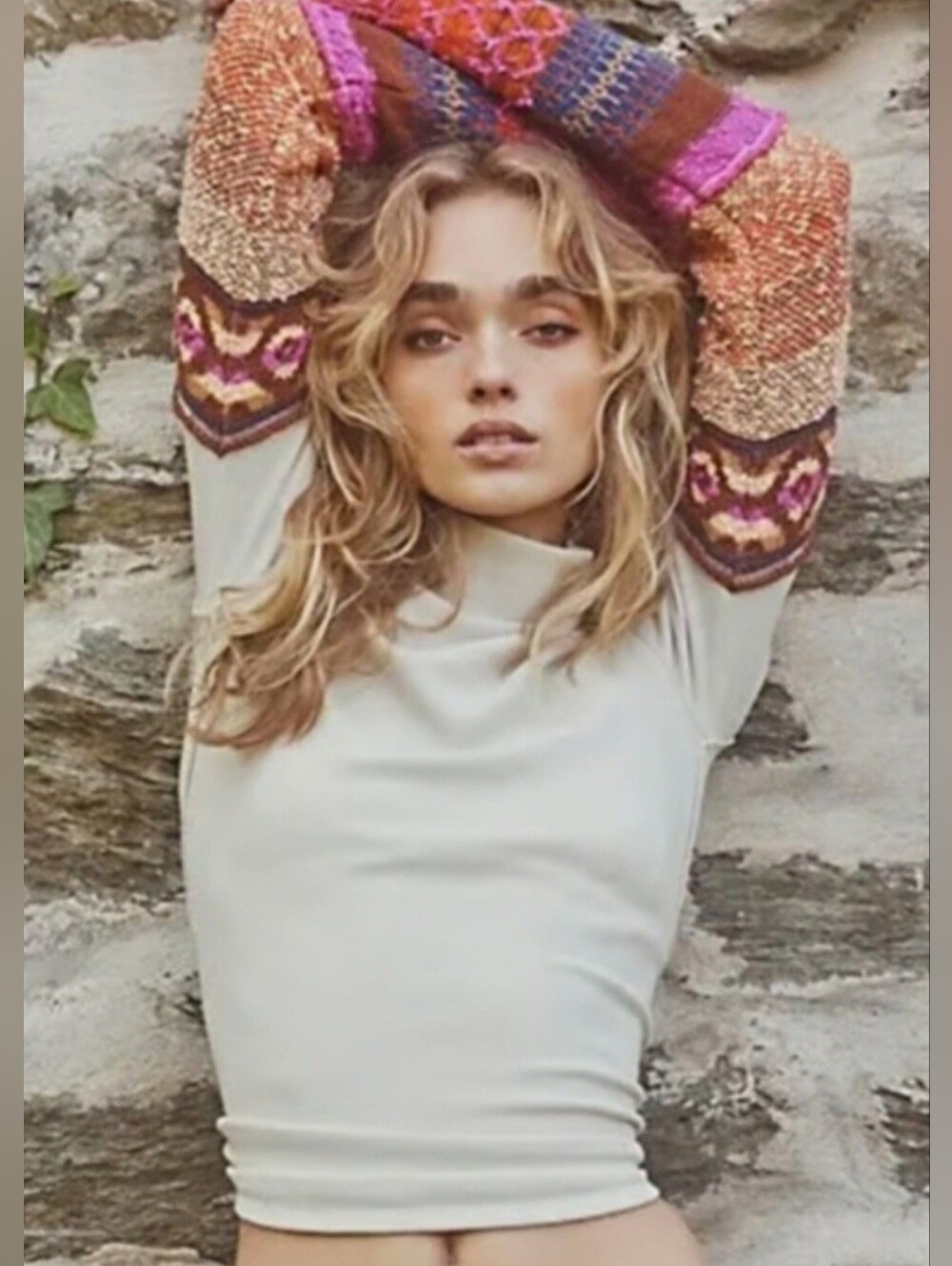 Free People We The Free All To Well Cream Mock Neck with Multicolor Knit Sleeves